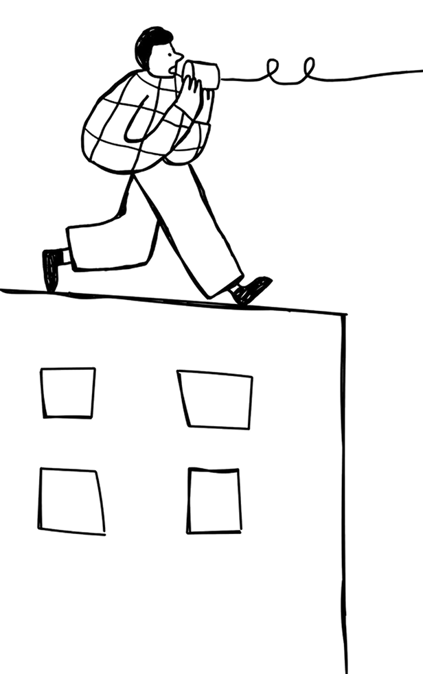 Men on the left speaking on the with cup telephone