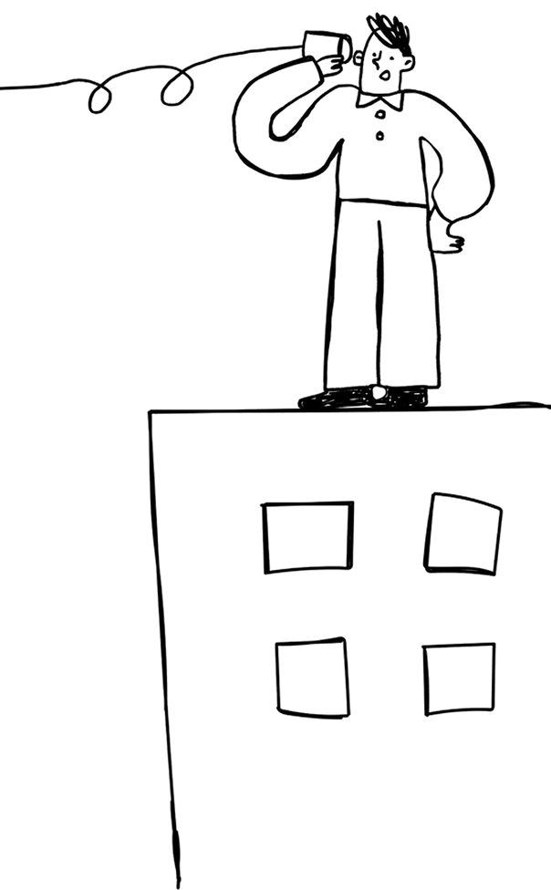 Men on the right speaking on the with cup telephone